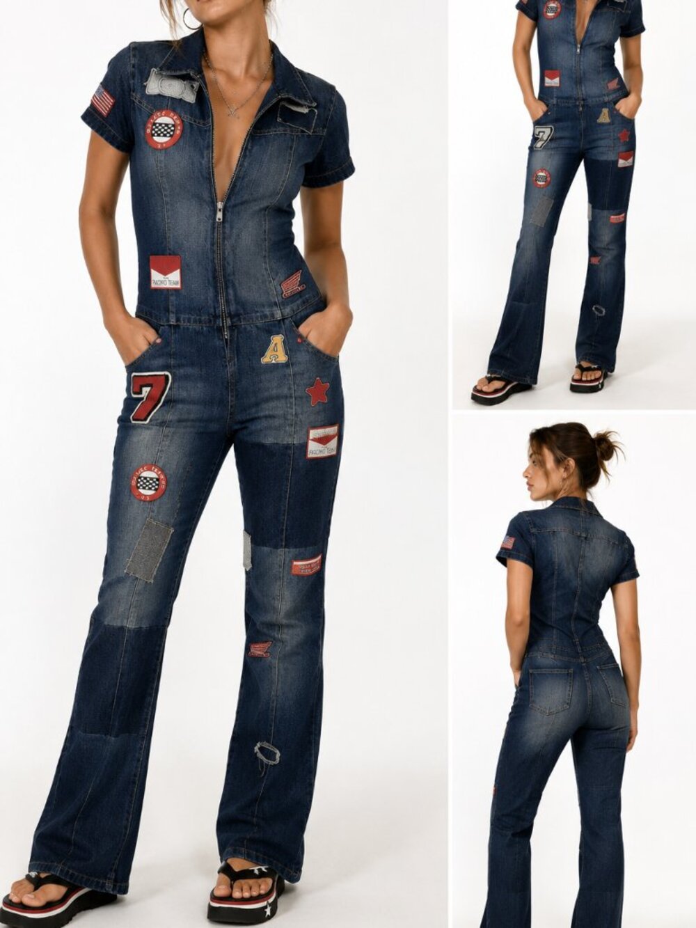 Vintage Y2k Azzure Denim Flare Leg Short Sleeve Jumpsuit Size Large - Picture 2 of 10
